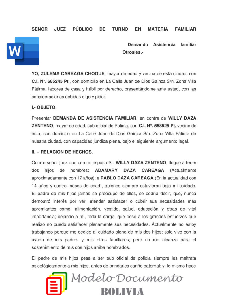 Modelo demanda asistencia familiar Bolivia - Descargar en Word - Modelo  Documento Bolivia