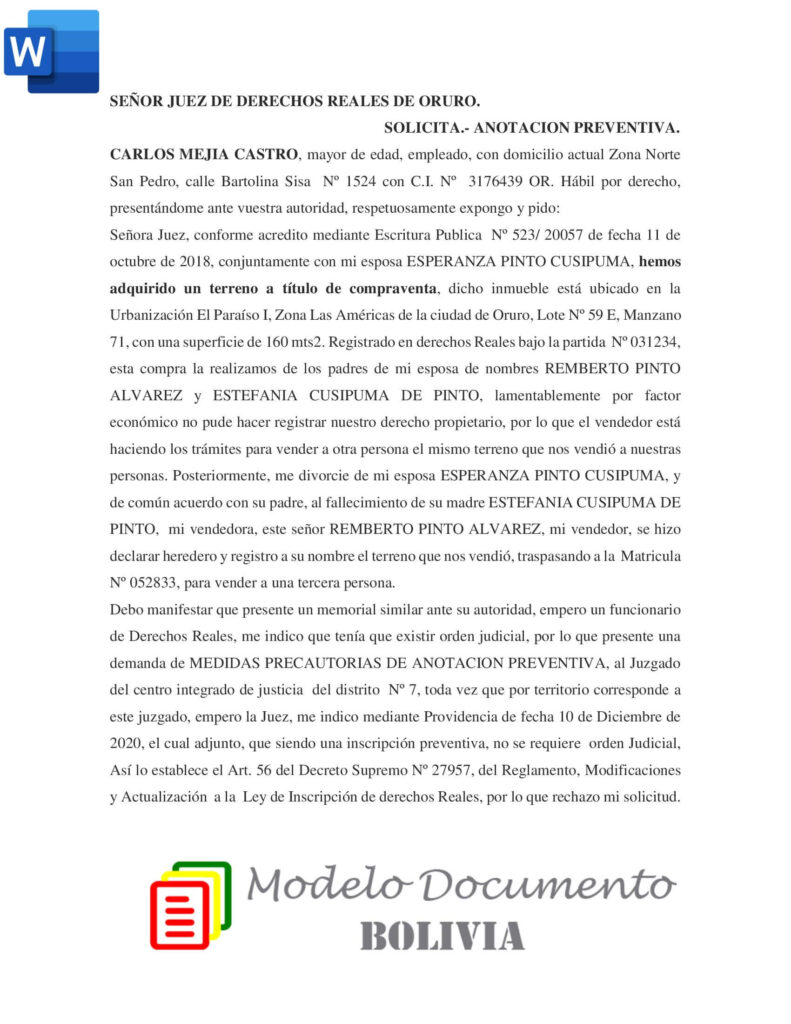 Modelo memorial anotación preventiva Bolivia - Descargar en Word - Modelo  Documento Bolivia