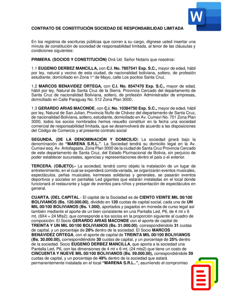 Modelo de Contrato de constitución de sociedad de responsabilidad limitada ( SRL) - Descargar Word - Modelo Documento Bolivia