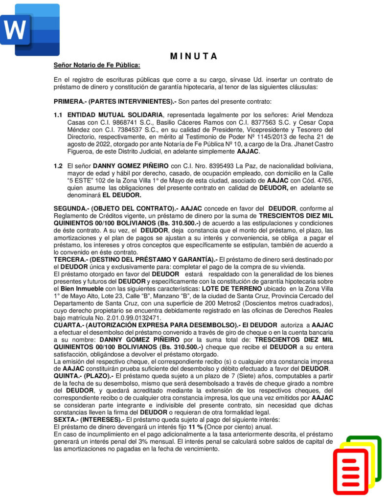 Modelo de contrato de préstamo de dinero con garantía hipotecaria Bolivia -  Descargar Word - Modelo Documento Bolivia