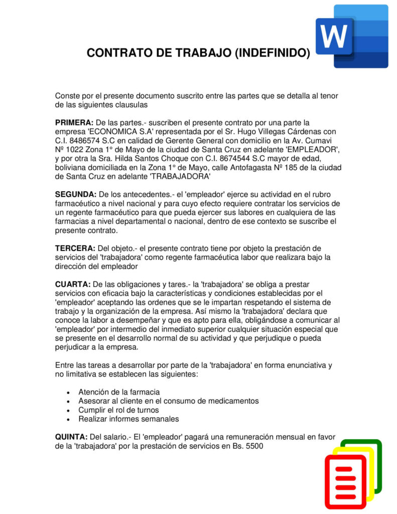 Modelo de contrato de trabajo Bolivia (Indefinido) - Descargar en Word -  Modelo Documento Bolivia