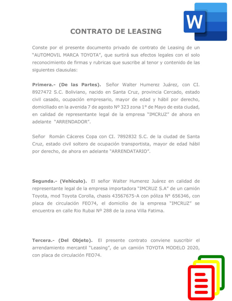 Modelo de contrato de leasing Bolivia - Descargar en Word - Modelo  Documento Bolivia