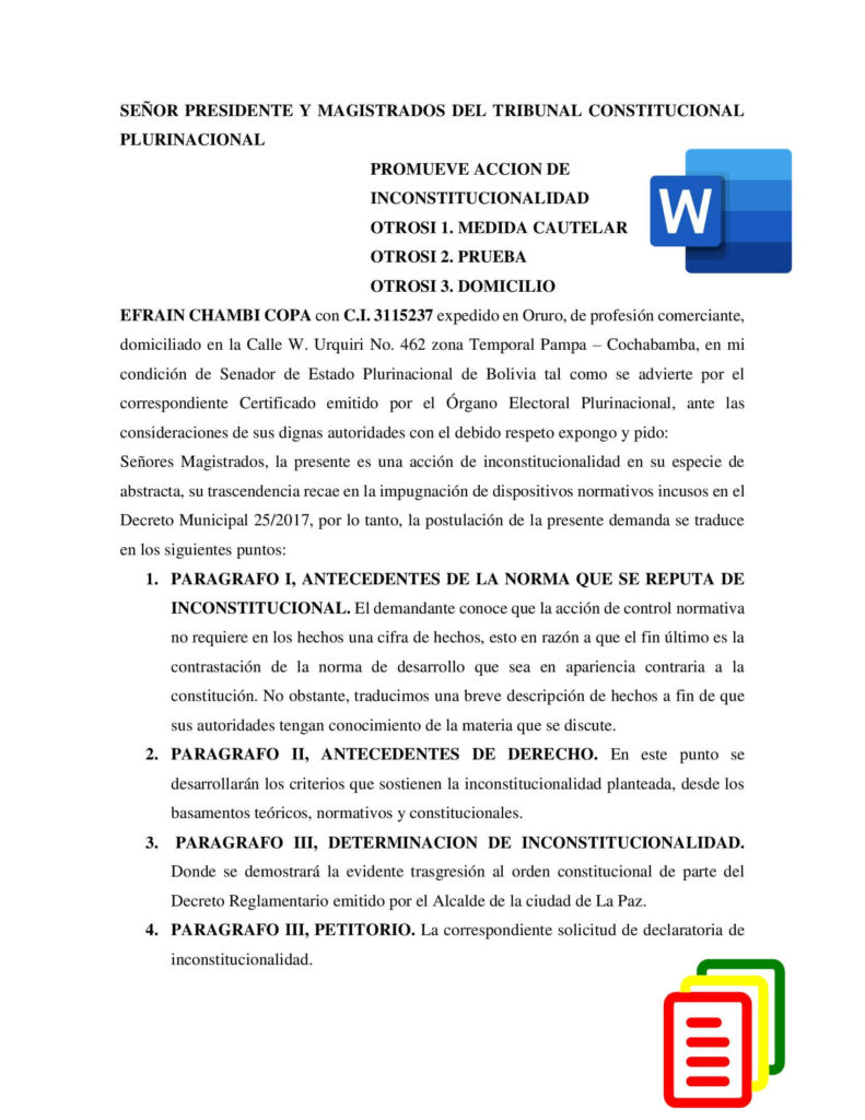 Modelo de acción de inconstitucionalidad Bolivia